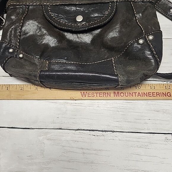 VINTAGE FOSSIL Brown Black Genuine Leather Crossbody Bag Boho-Grunge - Picture 5 of 15